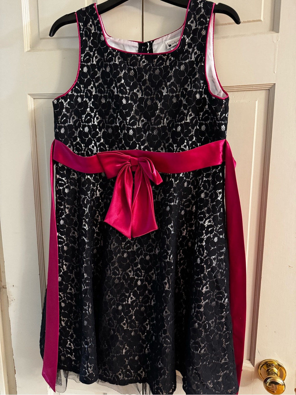 emily west Black Lace Formal Dress with Hot Pink Satin Sash
